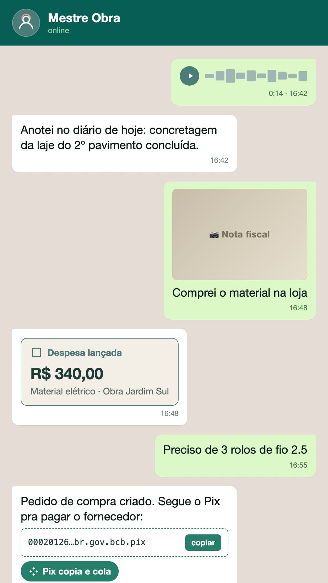 MestreObra, construction management on WhatsApp, screen 2