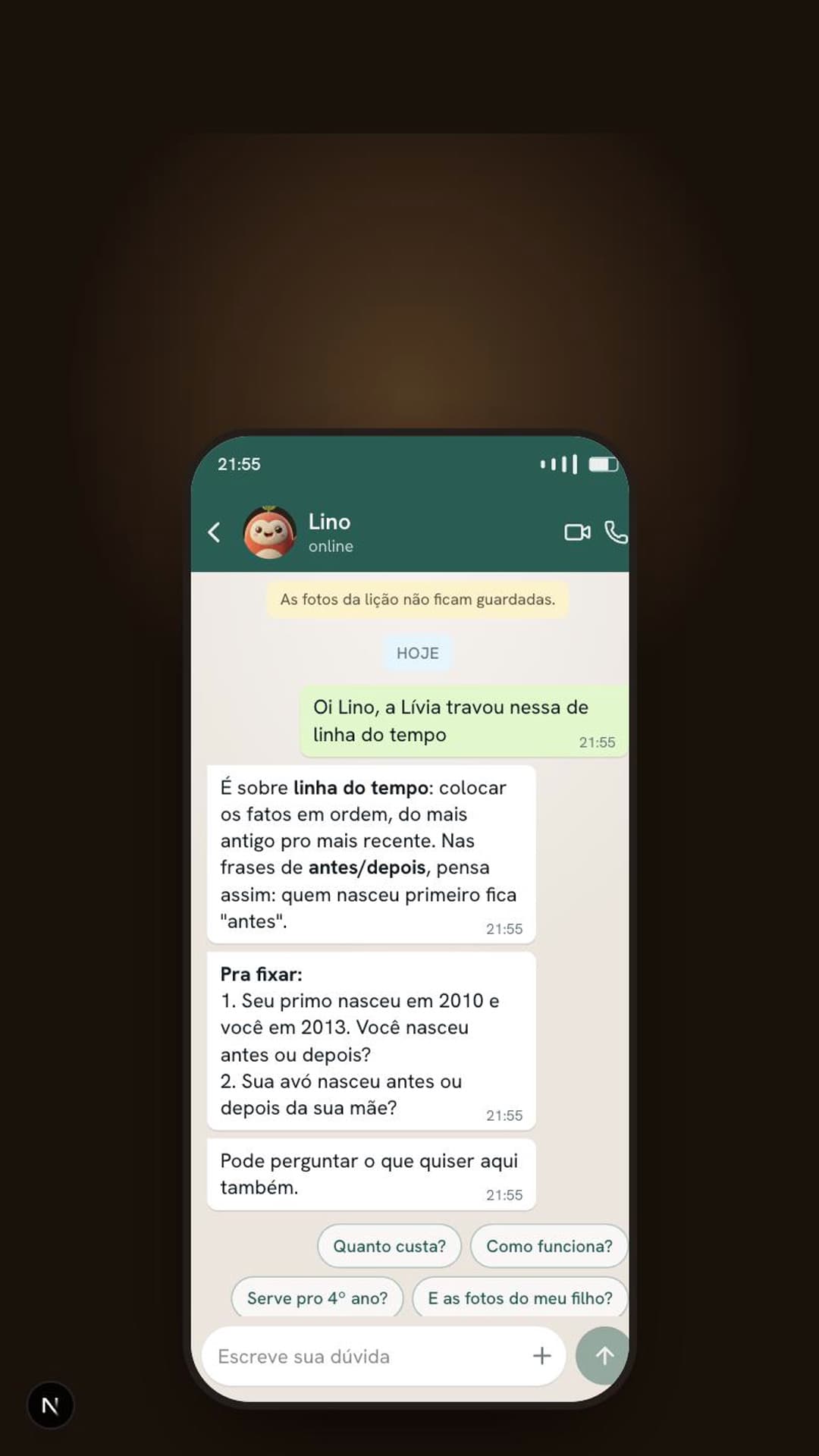 Lino, homework tutor on WhatsApp, screen 2